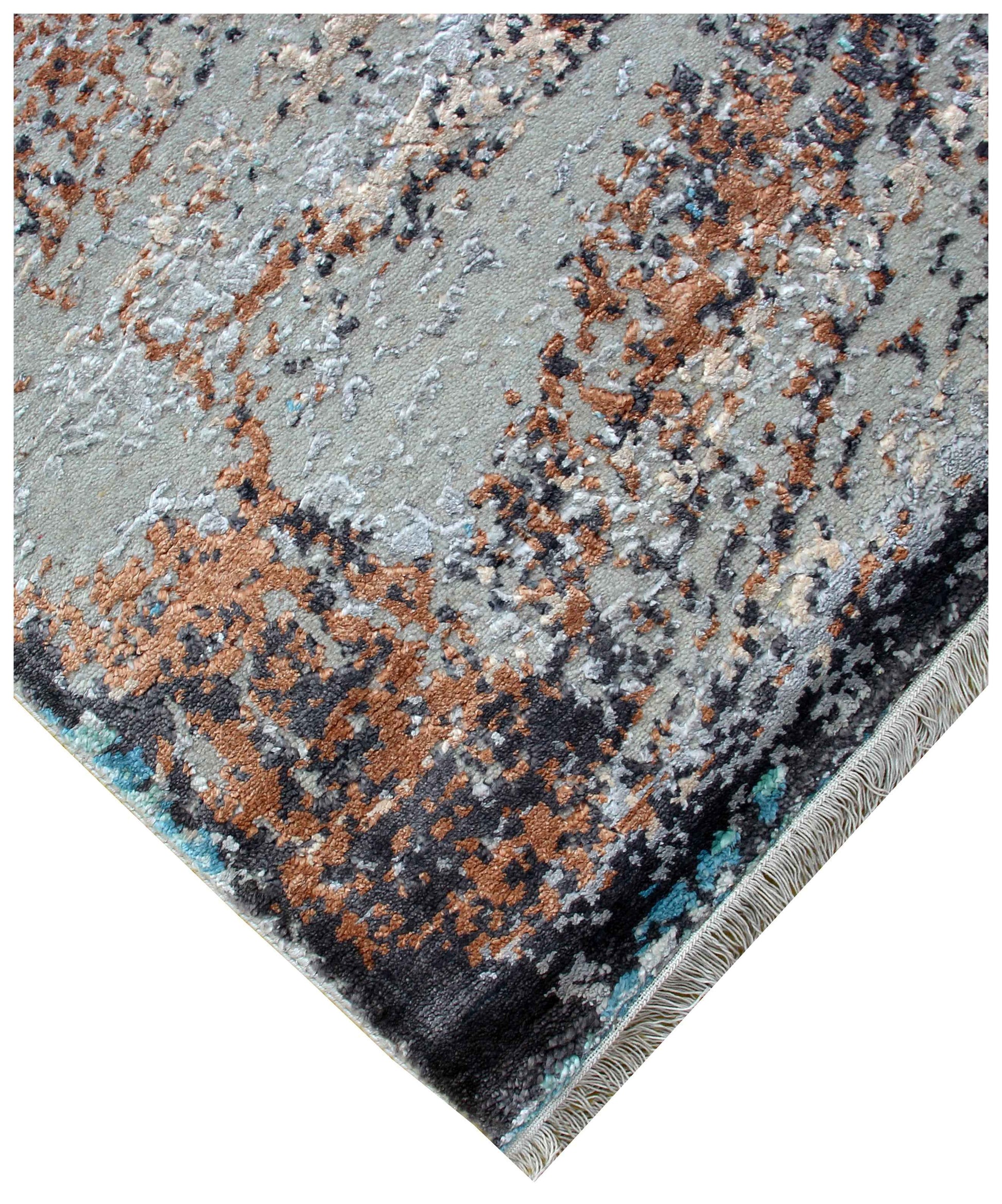 Silver Grey Teal Blue Charcoal Ivory Brown Gestural Modern Abstract Hand Knotted Wool Viscose 8x10 Bhadohi Area Rug