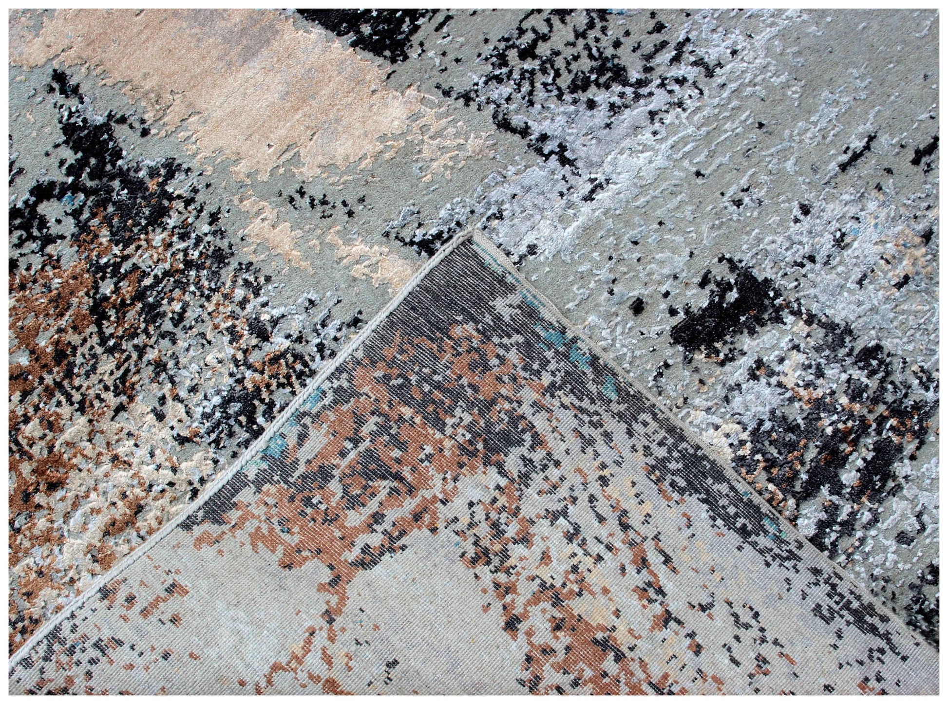 Silver Grey Teal Blue Charcoal Ivory Brown Gestural Modern Abstract Hand Knotted Wool Viscose 8x10 Bhadohi Area Rug