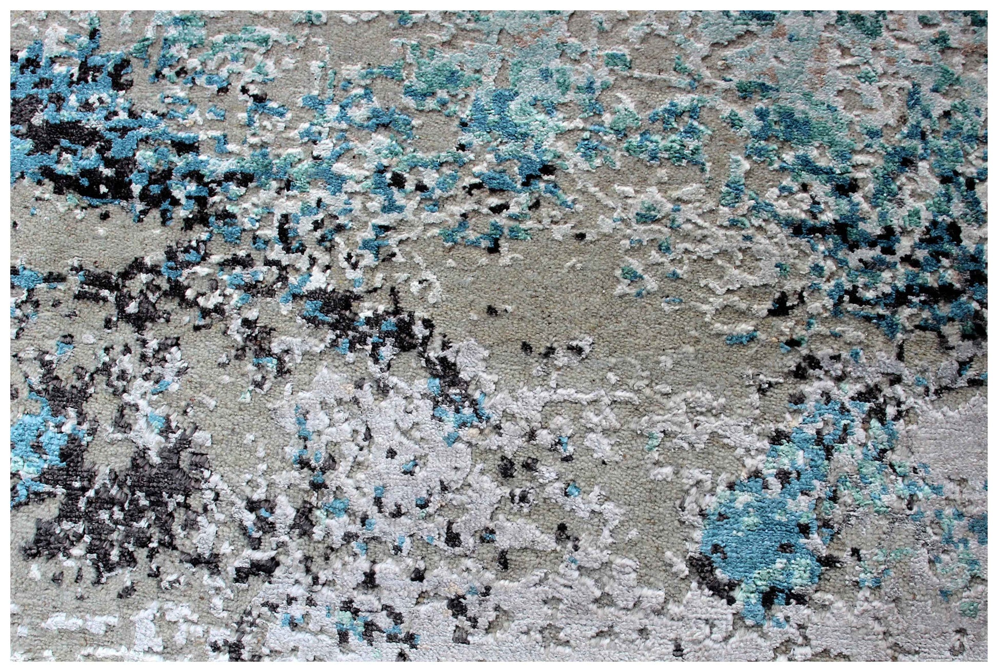 Silver Grey Teal Blue Charcoal Ivory Brown Gestural Modern Abstract Hand Knotted Wool Viscose 8x10 Bhadohi Area Rug