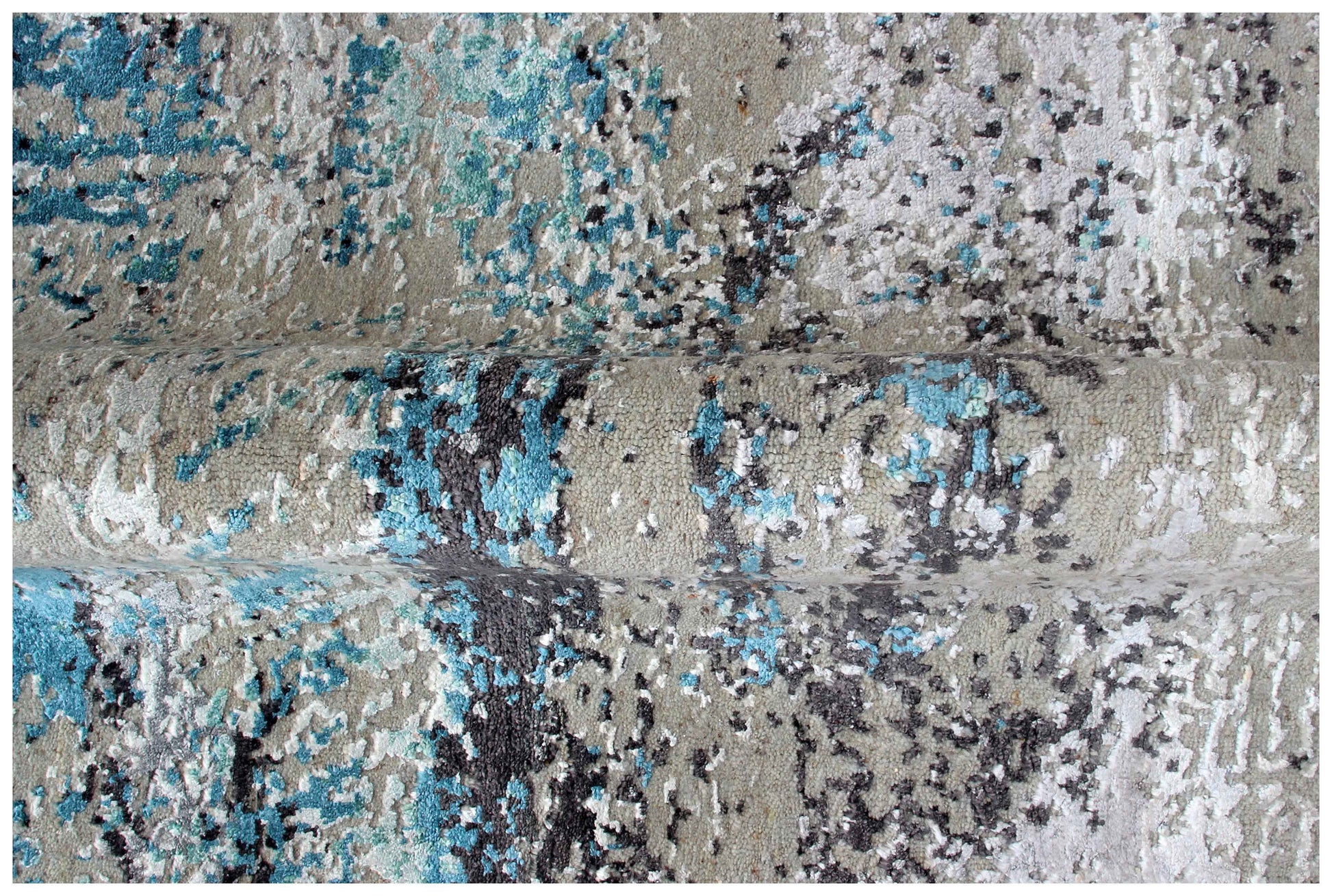 Silver Grey Teal Blue Charcoal Ivory Brown Gestural Modern Abstract Hand Knotted Wool Viscose 8x10 Bhadohi Area Rug
