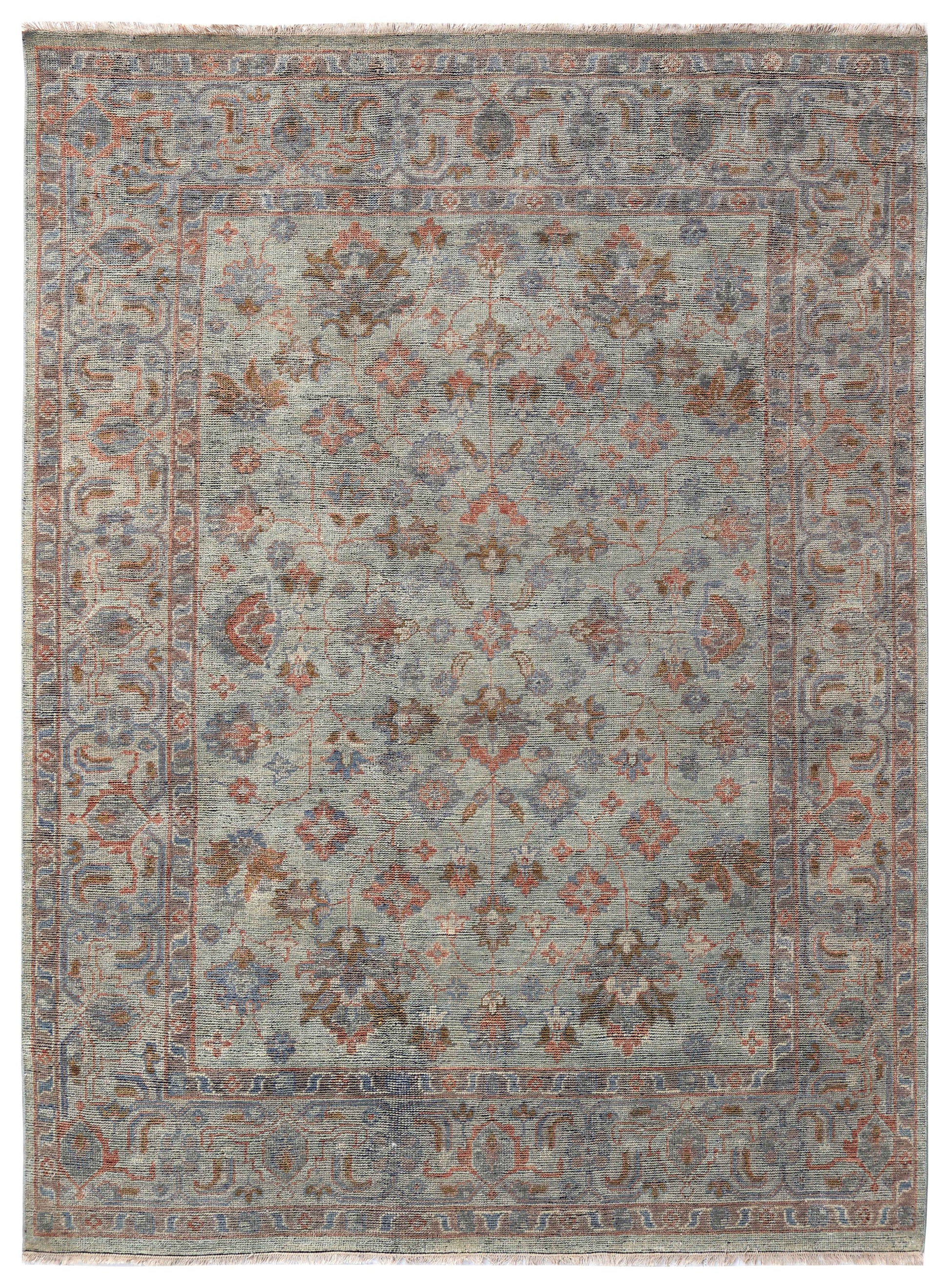 Celadon Sage Green Brown Crimson Gold Teal Oushak Floral Hand Knotted Wool Silk 8x10 Bhadohi Area Rug