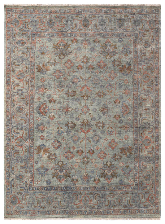 Celadon Sage Green Brown Crimson Gold Teal Oushak Floral Hand Knotted Wool Silk 8x10 Bhadohi Area Rug