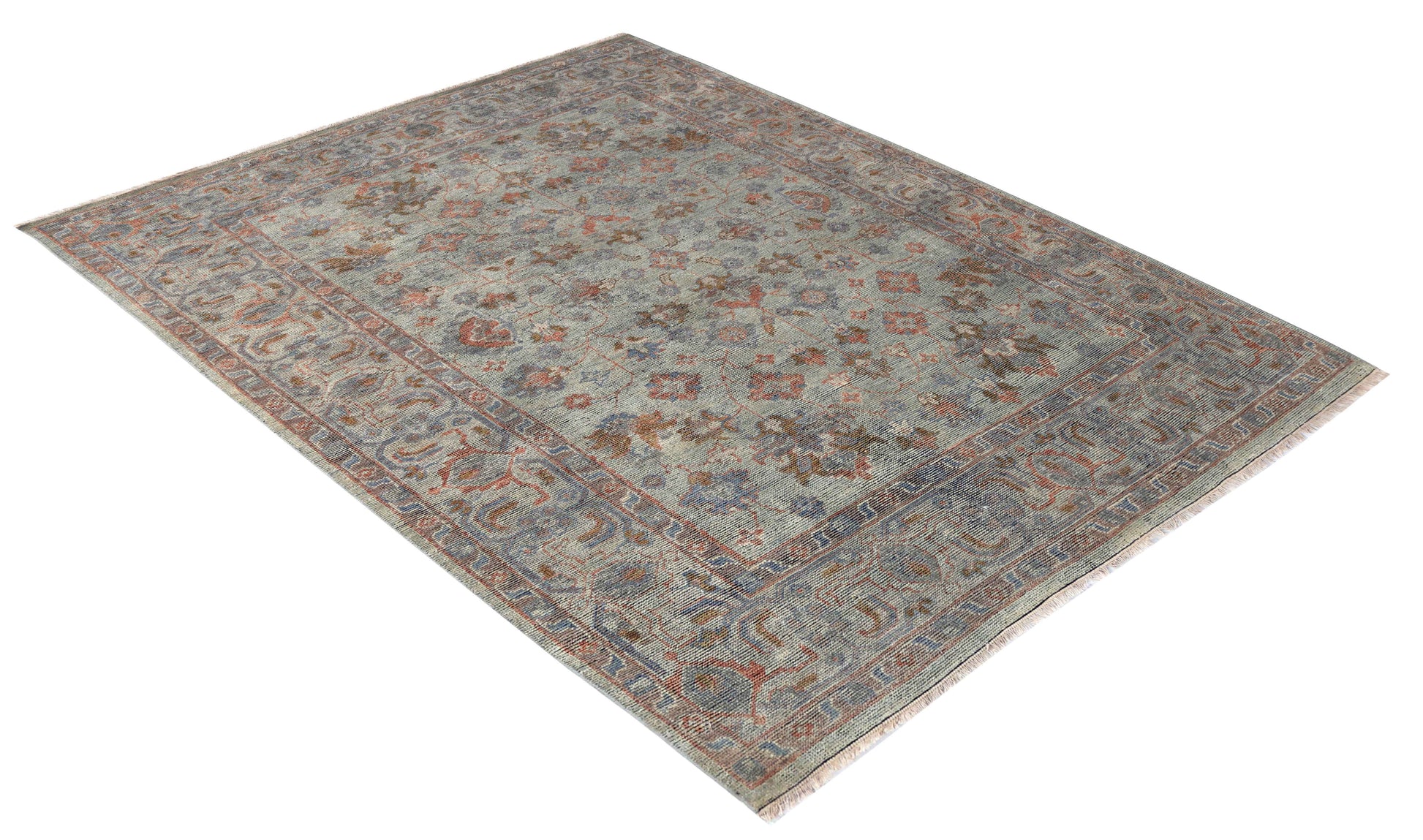 Celadon Sage Green Brown Crimson Gold Teal Oushak Floral Hand Knotted Wool Silk 8x10 Bhadohi Area Rug