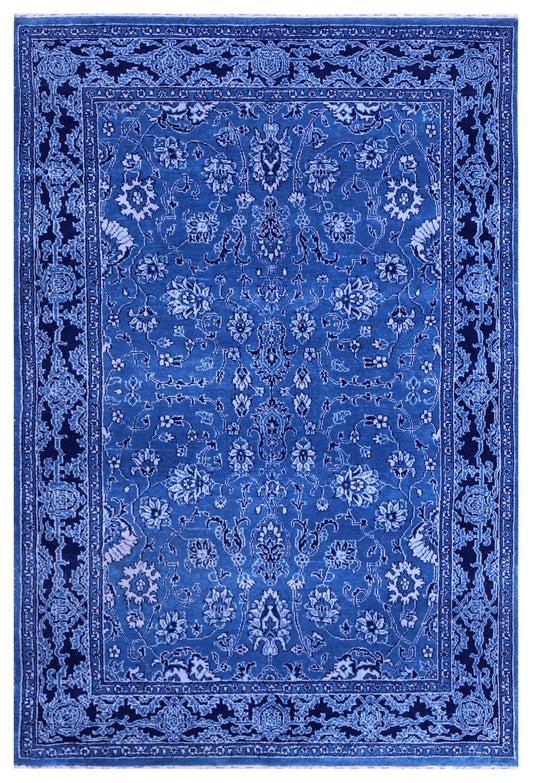 Royal Blue Cobalt Navy Monochrome Persian Floral Hand Knotted Wool 4x6 Bhadohi Area Rug