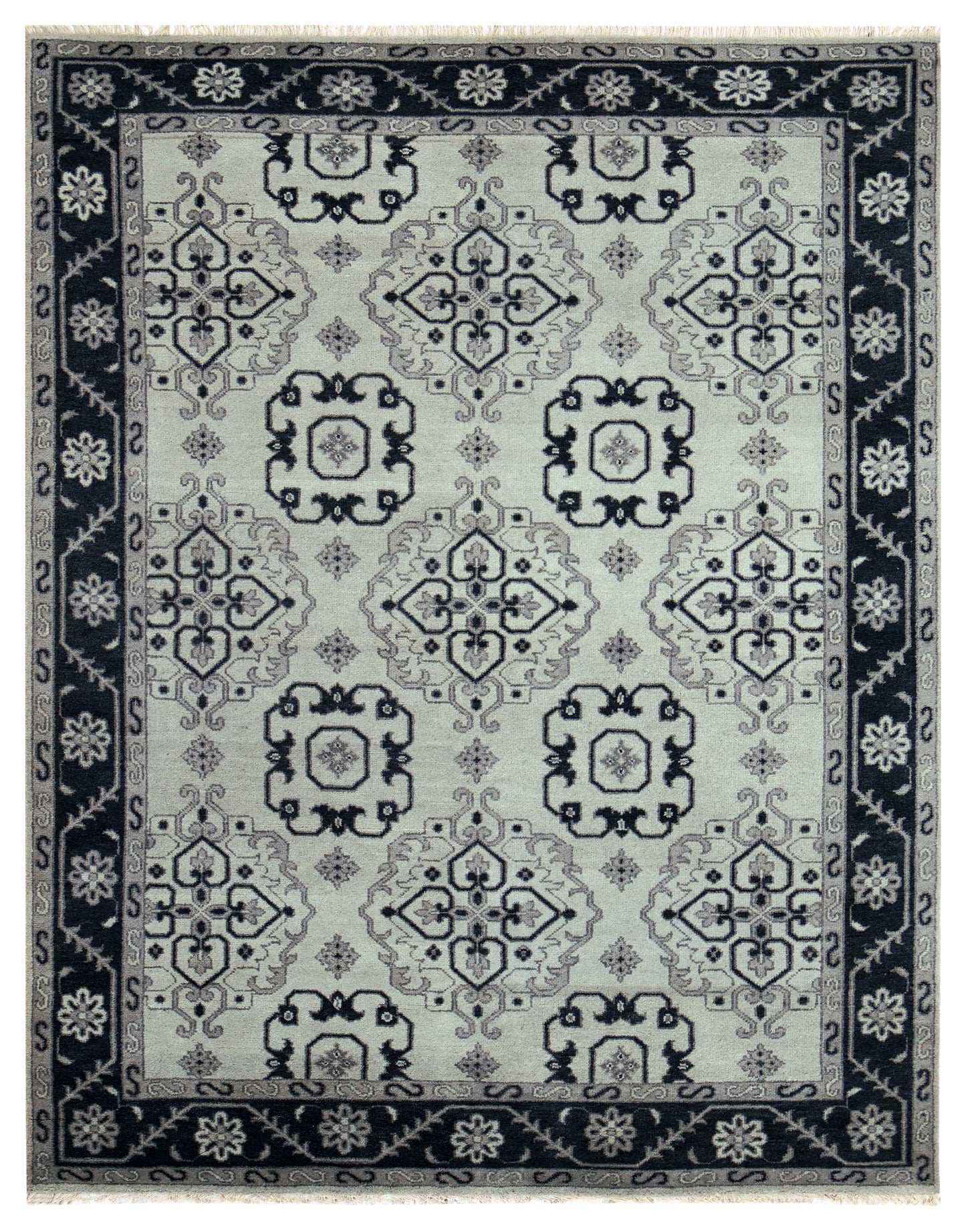 Vintage Ivory Charcoal Black Geometric Mamluk Kazak All Over Hand Knotted Wool 8x10 Bhadohi Area Rug