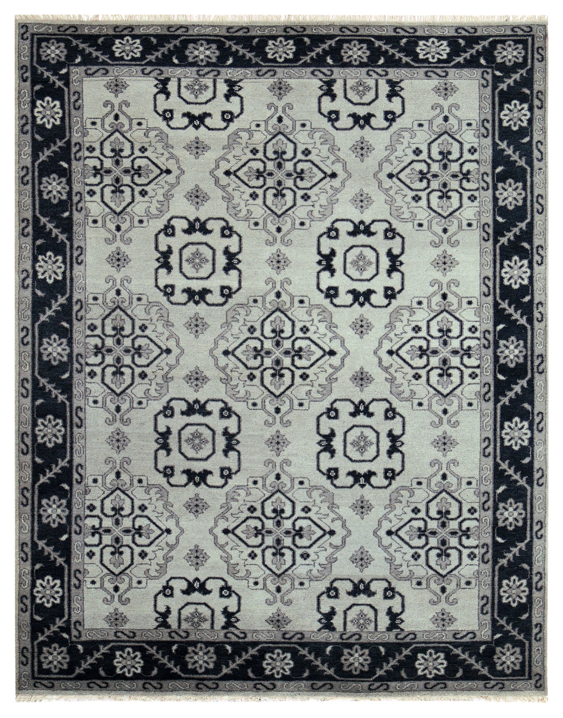 Vintage Ivory Charcoal Black Geometric Mamluk Kazak All Over Hand Knotted Wool 8x10 Bhadohi Area Rug