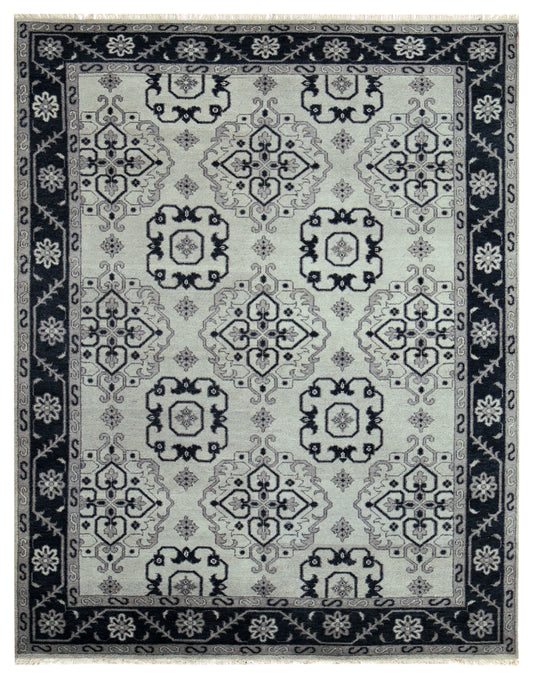 Vintage Ivory Charcoal Black Geometric Mamluk Kazak All Over Hand Knotted Wool 8x10 Bhadohi Area Rug