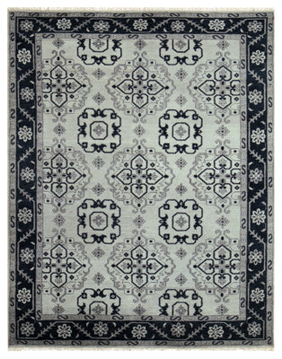 Vintage Ivory Charcoal Black Geometric Mamluk Kazak All Over Hand Knotted Wool 8x10 Bhadohi Area Rug