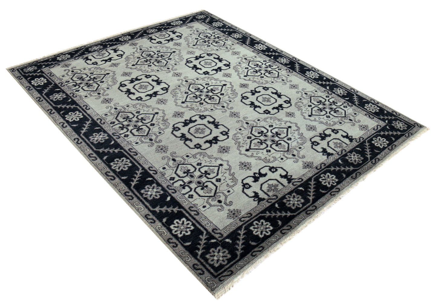 Vintage Ivory Charcoal Black Geometric Mamluk Kazak All Over Hand Knotted Wool 8x10 Bhadohi Area Rug