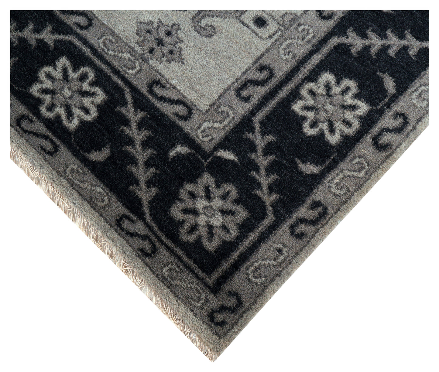 Vintage Ivory Charcoal Black Geometric Mamluk Kazak All Over Hand Knotted Wool 8x10 Bhadohi Area Rug