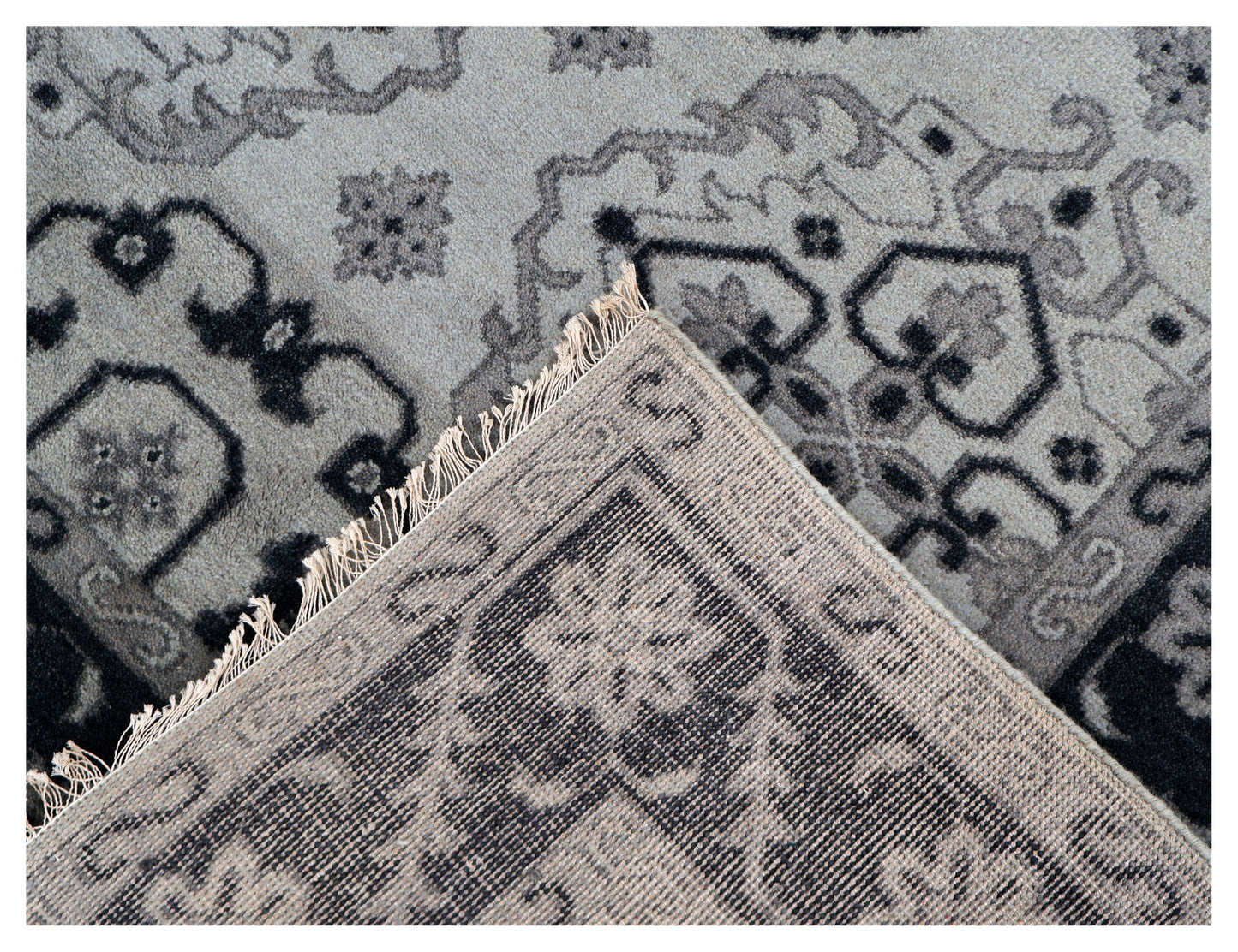 Vintage Ivory Charcoal Black Geometric Mamluk Kazak All Over Hand Knotted Wool 8x10 Bhadohi Area Rug