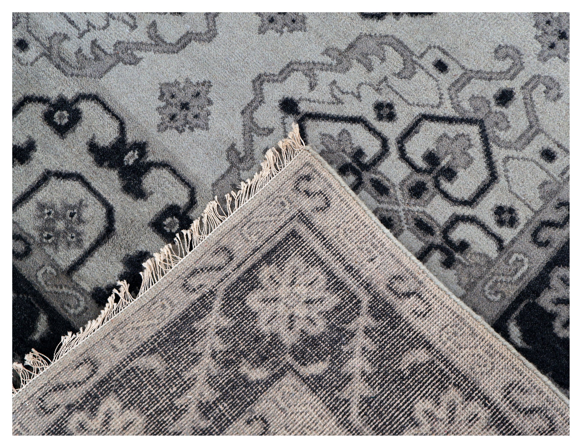 Vintage Ivory Charcoal Black Geometric Mamluk Kazak All Over Hand Knotted Wool 8x10 Bhadohi Area Rug