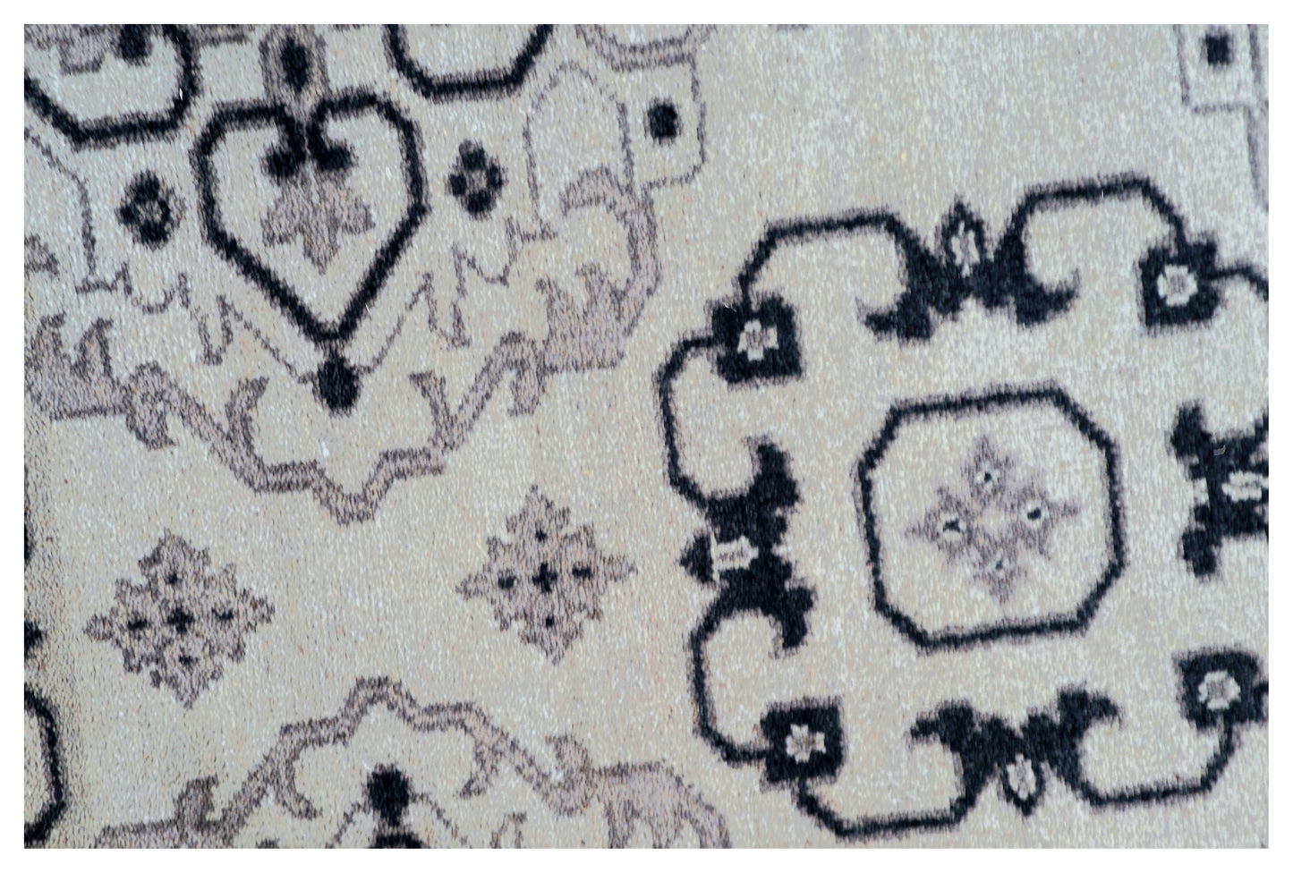 Vintage Ivory Charcoal Black Geometric Mamluk Kazak All Over Hand Knotted Wool 8x10 Bhadohi Area Rug