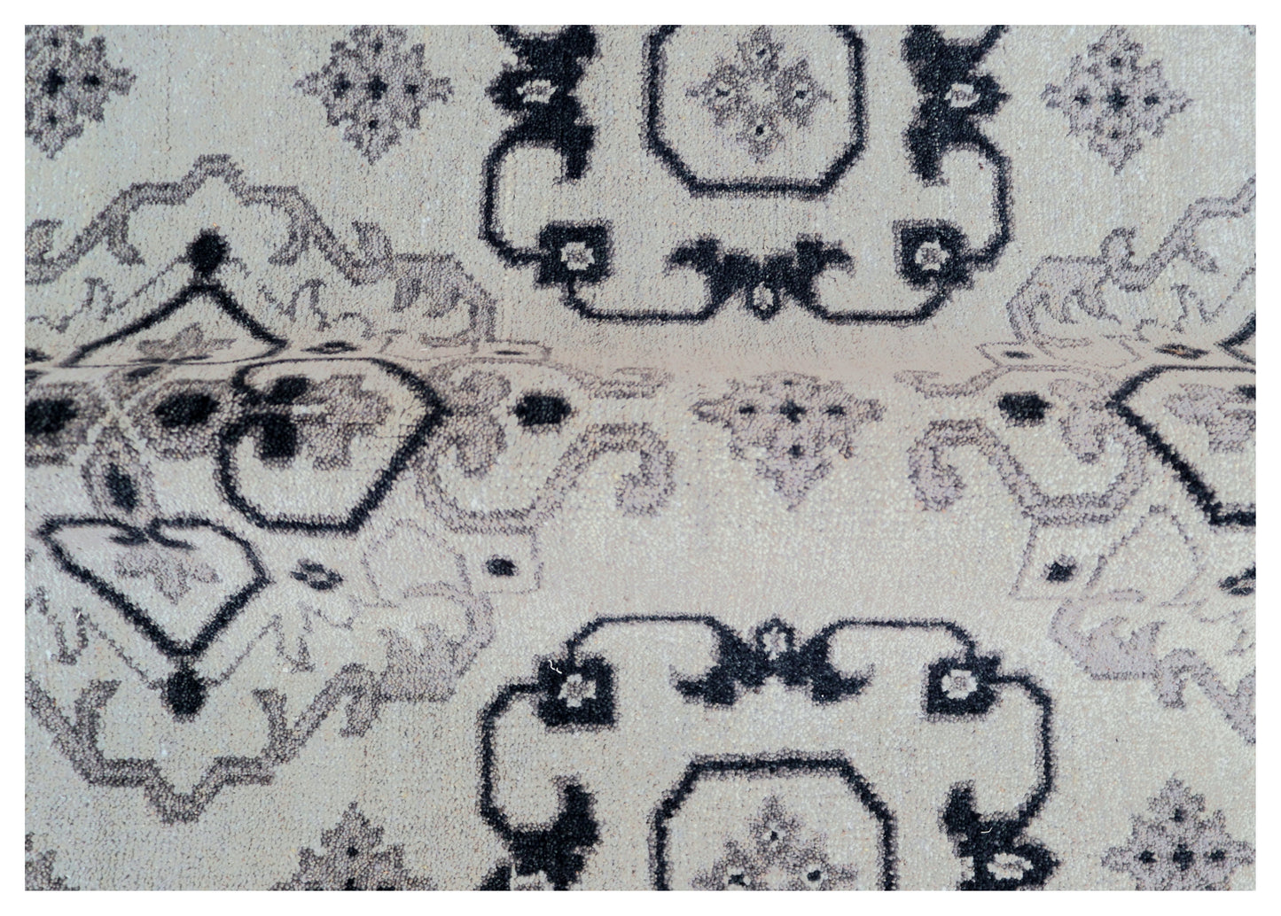 Vintage Ivory Charcoal Black Geometric Mamluk Kazak All Over Hand Knotted Wool 8x10 Bhadohi Area Rug