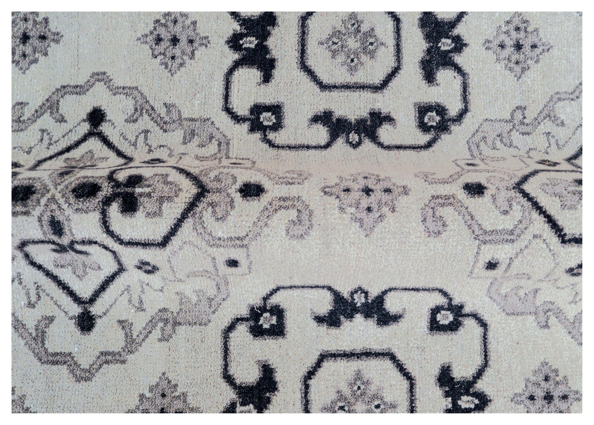 Vintage Ivory Charcoal Black Geometric Mamluk Kazak All Over Hand Knotted Wool 8x10 Bhadohi Area Rug