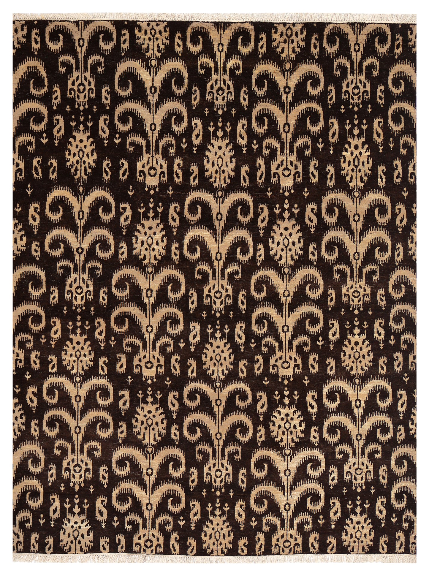 Vintage Dark Brown Ivory Beige Ikat Arabesque Scroll Hand Knotted Wool 8x10 Bhadohi Area Rug