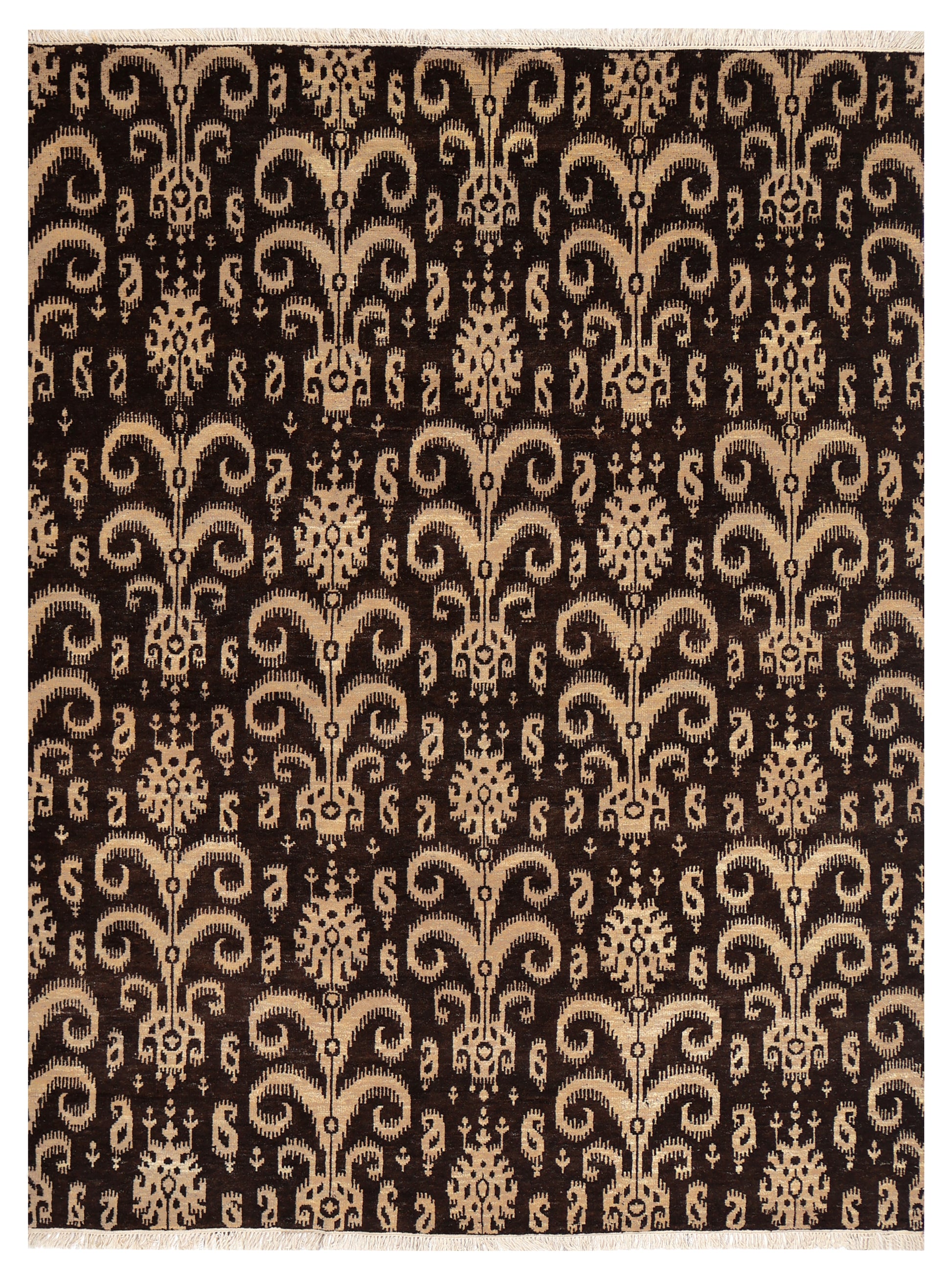 Vintage Dark Brown Ivory Beige Ikat Arabesque Scroll Hand Knotted Wool 8x10 Bhadohi Area Rug