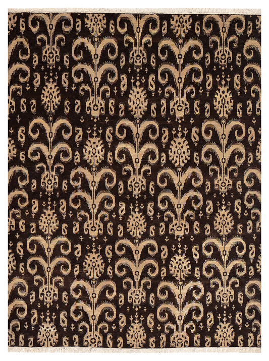 Vintage Dark Brown Ivory Beige Ikat Arabesque Scroll Hand Knotted Wool 8x10 Bhadohi Area Rug