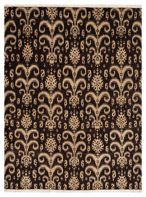 Vintage Dark Brown Ivory Beige Ikat Arabesque Scroll Hand Knotted Wool 8x10 Bhadohi Area Rug