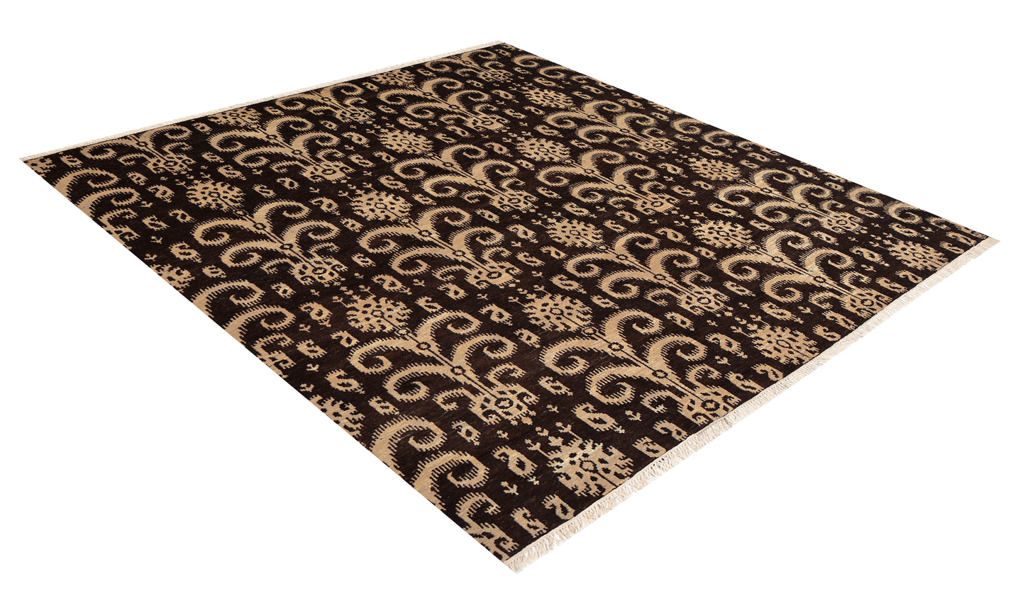 Vintage Dark Brown Ivory Beige Ikat Arabesque Scroll Hand Knotted Wool 8x10 Bhadohi Area Rug