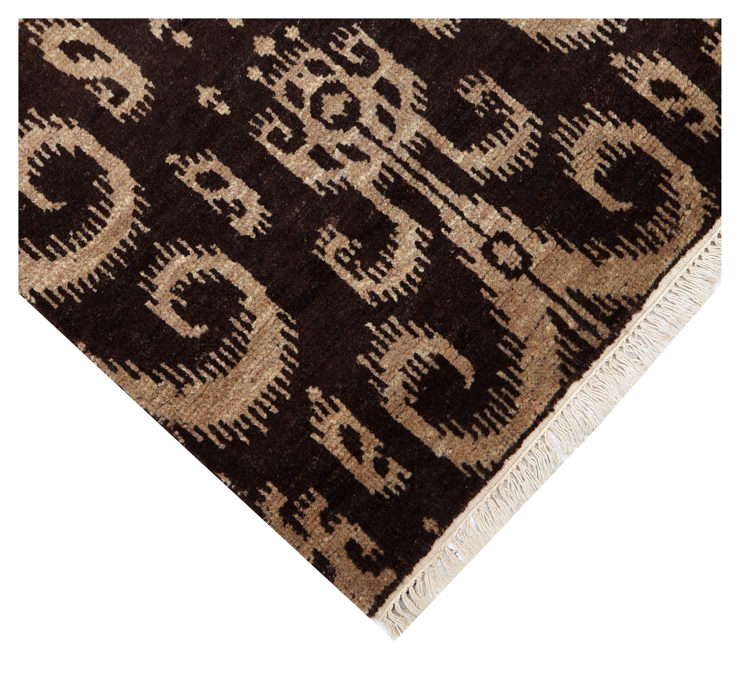 Vintage Dark Brown Ivory Beige Ikat Arabesque Scroll Hand Knotted Wool 8x10 Bhadohi Area Rug
