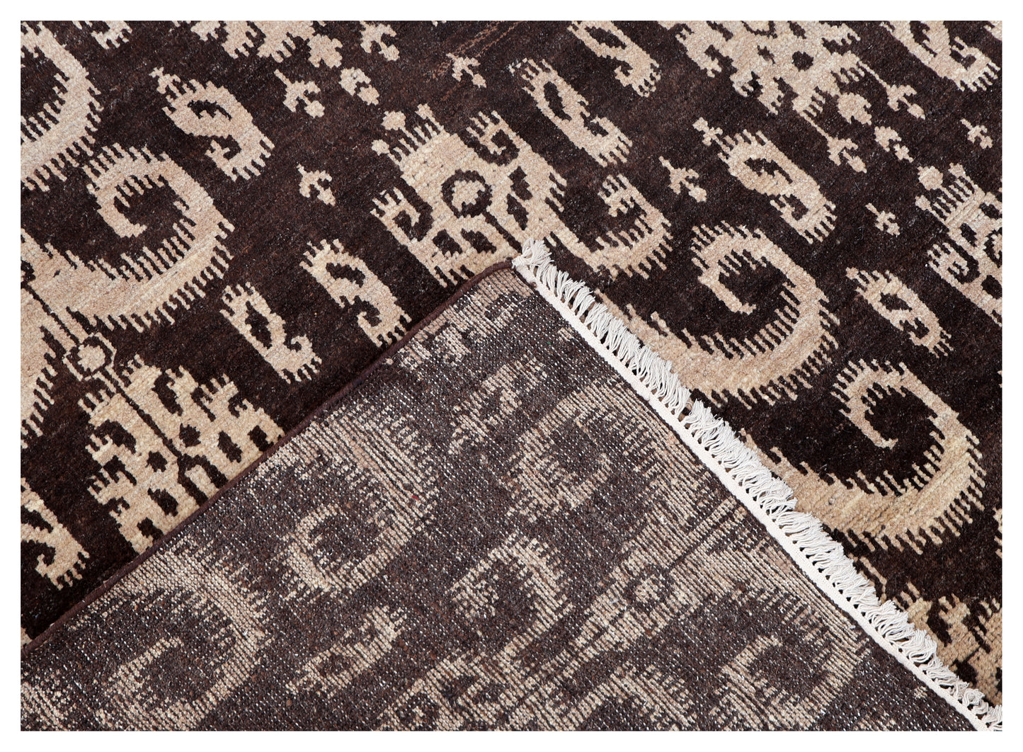 Vintage Dark Brown Ivory Beige Ikat Arabesque Scroll Hand Knotted Wool 8x10 Bhadohi Area Rug
