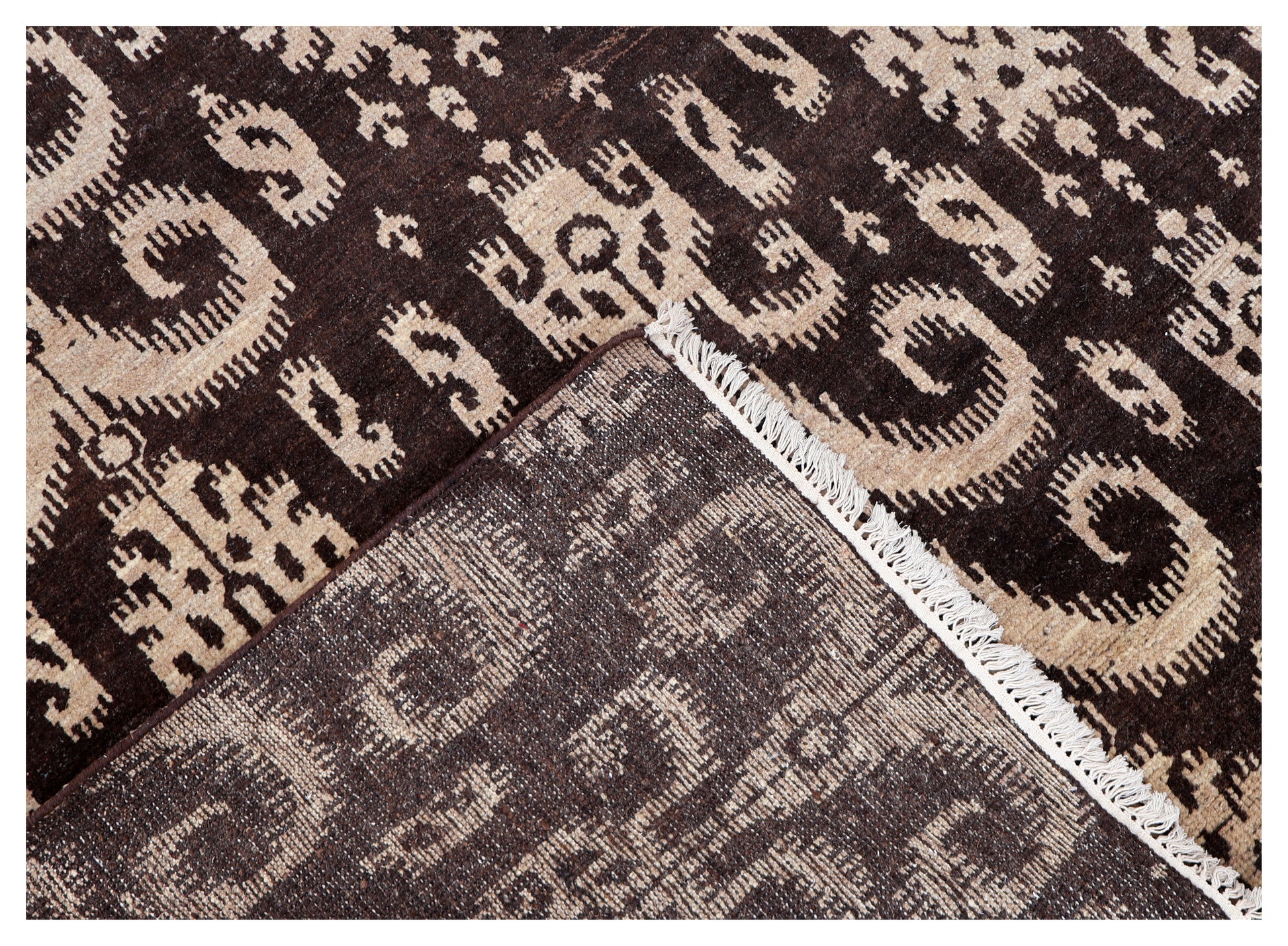 Vintage Dark Brown Ivory Beige Ikat Arabesque Scroll Hand Knotted Wool 8x10 Bhadohi Area Rug