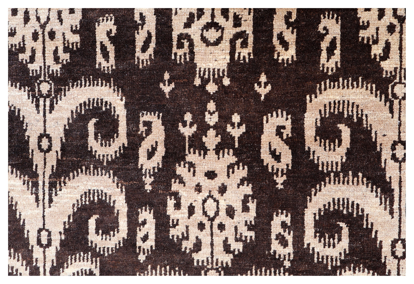 Vintage Dark Brown Ivory Beige Ikat Arabesque Scroll Hand Knotted Wool 8x10 Bhadohi Area Rug