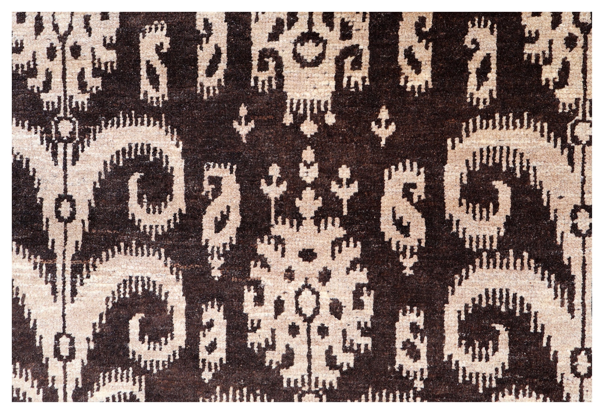 Vintage Dark Brown Ivory Beige Ikat Arabesque Scroll Hand Knotted Wool 8x10 Bhadohi Area Rug