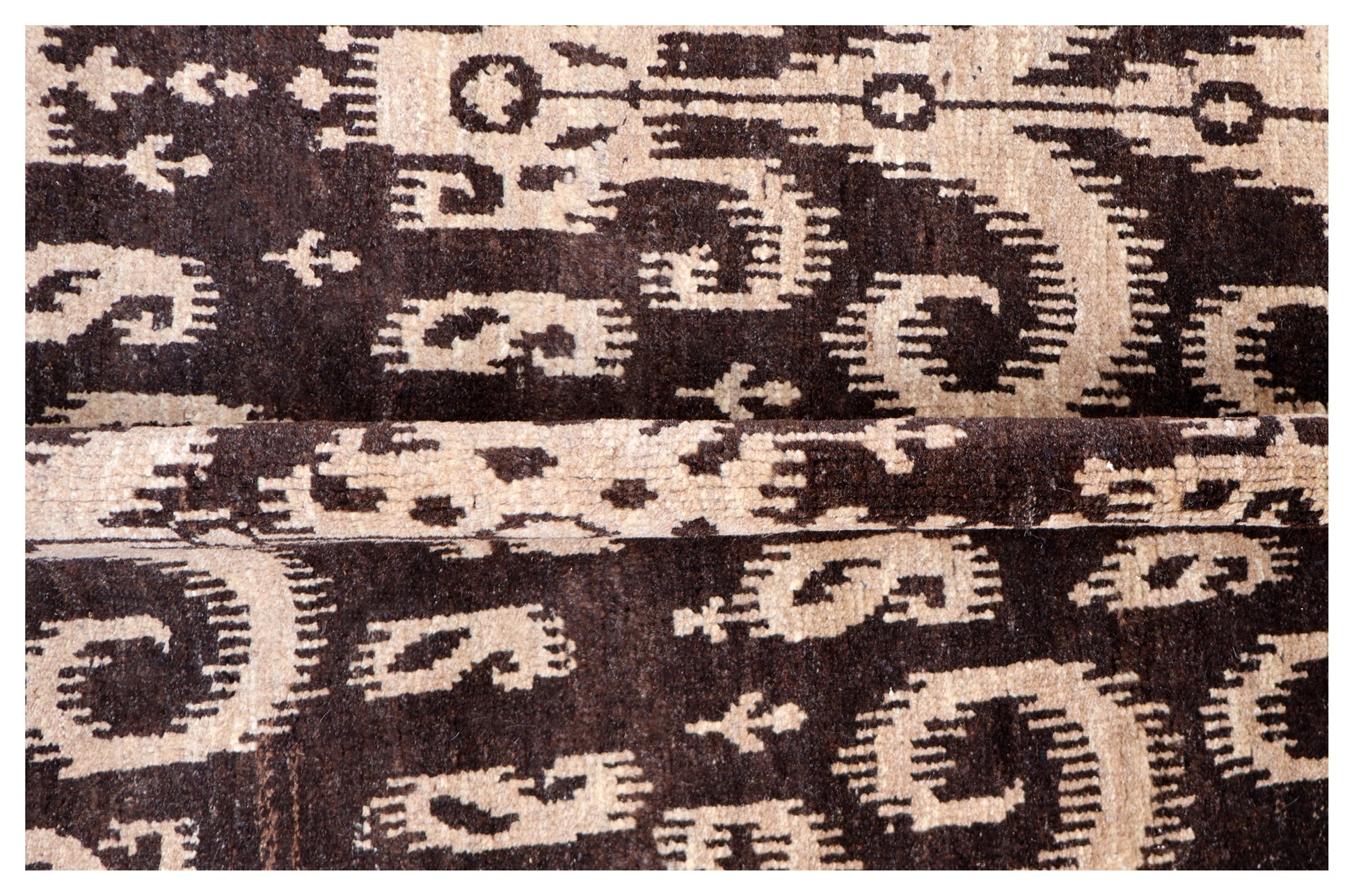 Vintage Dark Brown Ivory Beige Ikat Arabesque Scroll Hand Knotted Wool 8x10 Bhadohi Area Rug