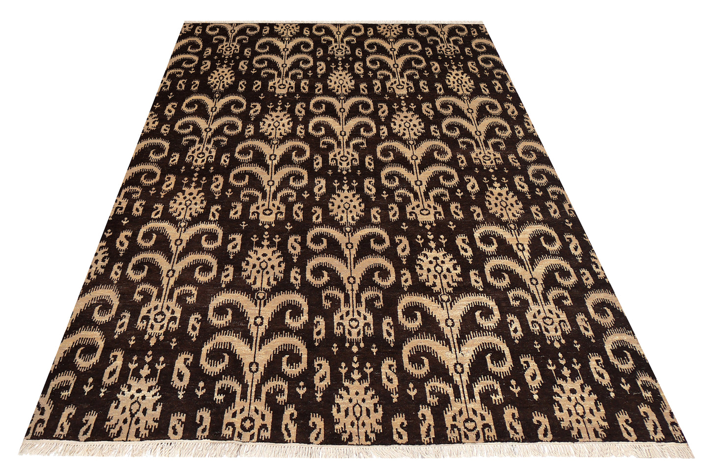 Vintage Dark Brown Ivory Beige Ikat Arabesque Scroll Hand Knotted Wool 8x10 Bhadohi Area Rug