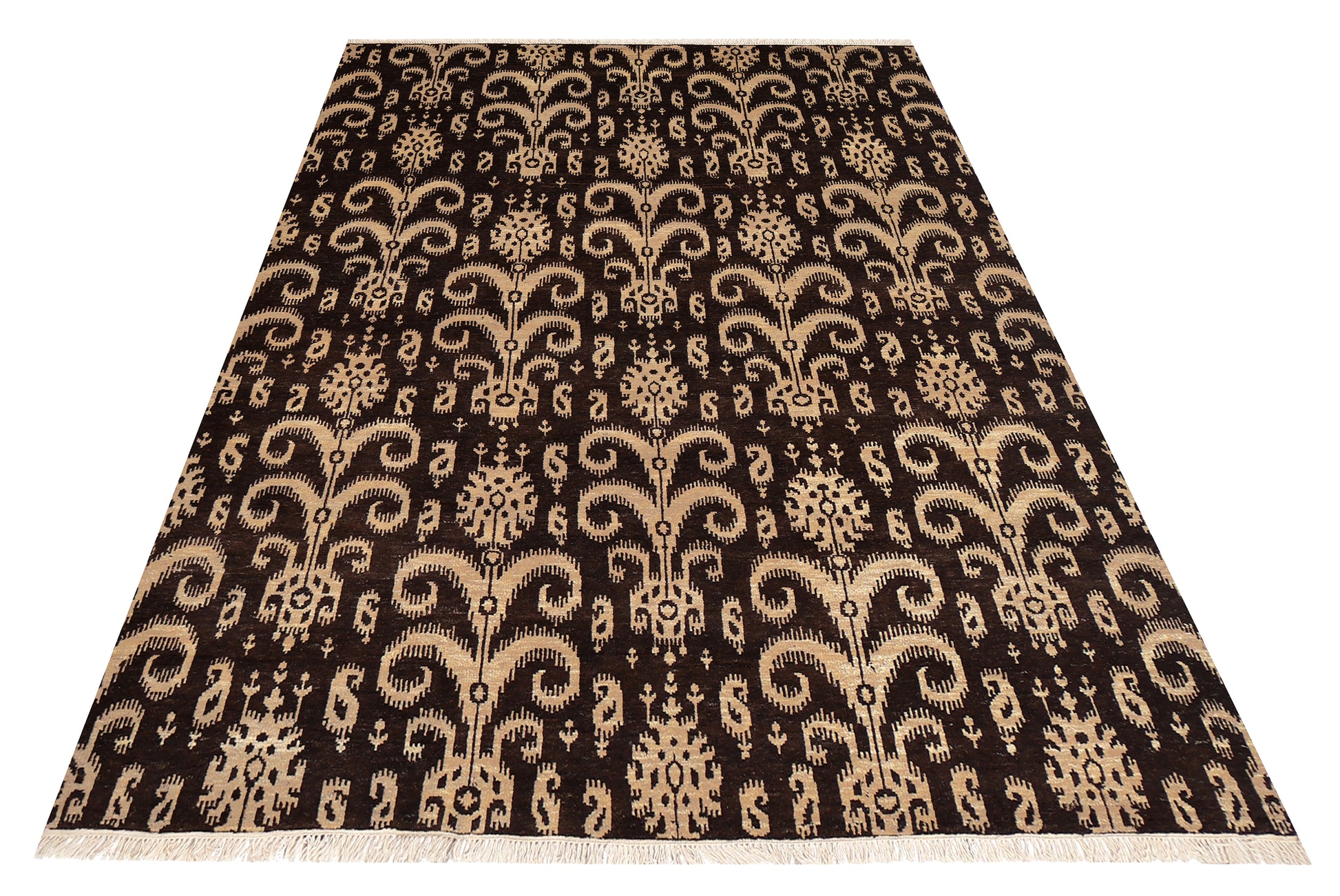 Vintage Dark Brown Ivory Beige Ikat Arabesque Scroll Hand Knotted Wool 8x10 Bhadohi Area Rug