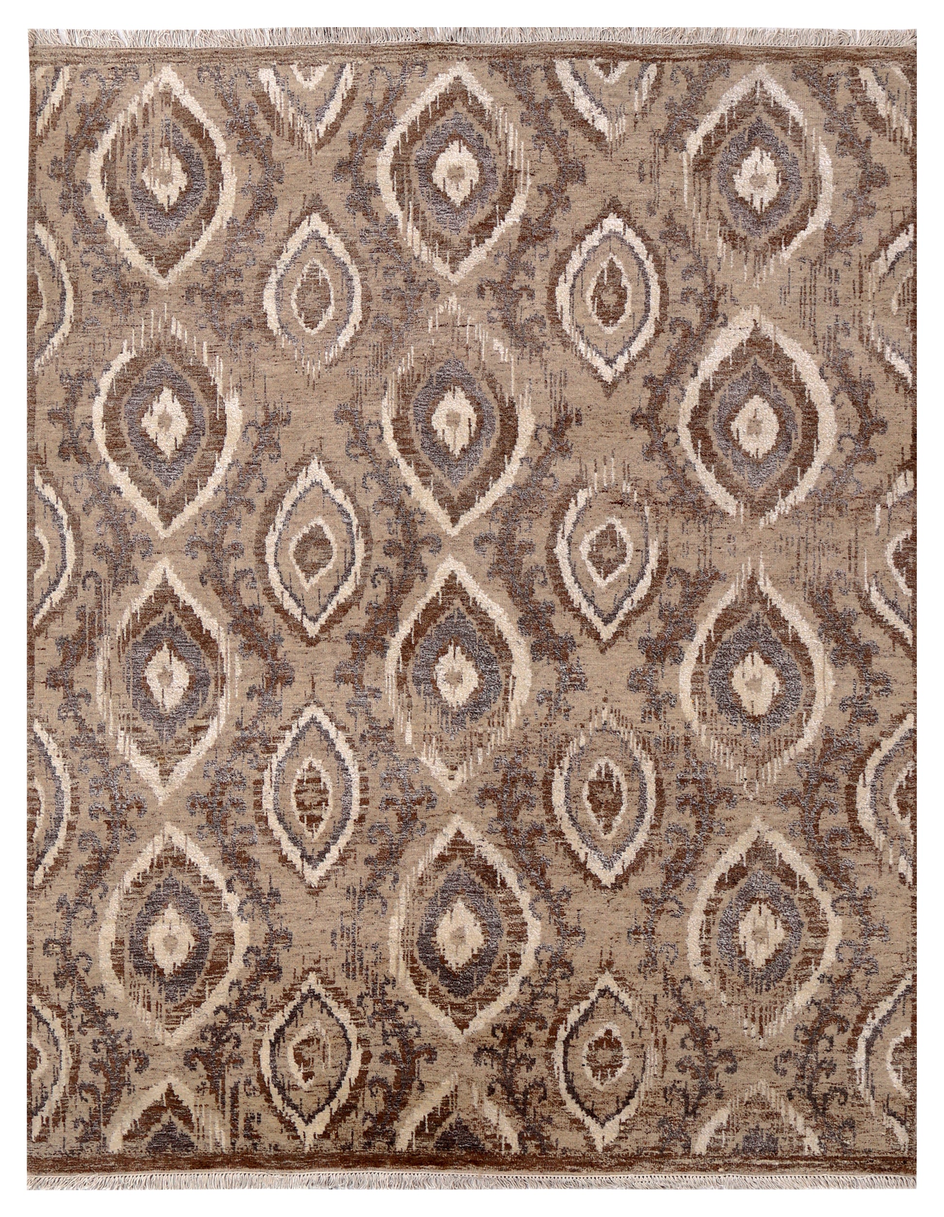 Tan Brown Ivory Blue Grey Ikat Peacock Eye Diamond Hand Knotted Wool Viscose 8x10 Bhadohi Area Rug
