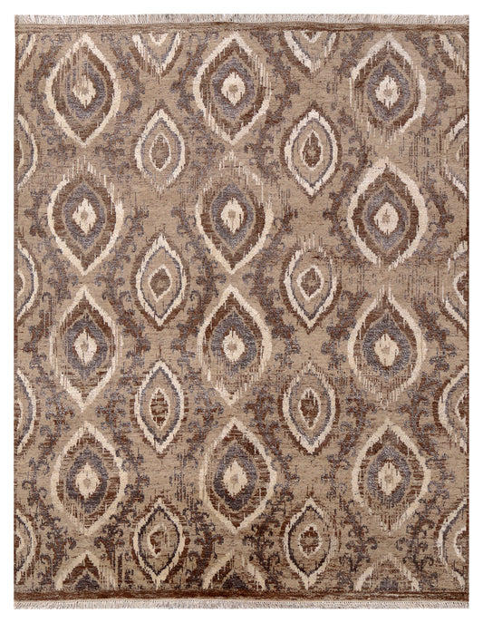 Tan Brown Ivory Blue Grey Ikat Peacock Eye Diamond Hand Knotted Wool Viscose 8x10 Bhadohi Area Rug