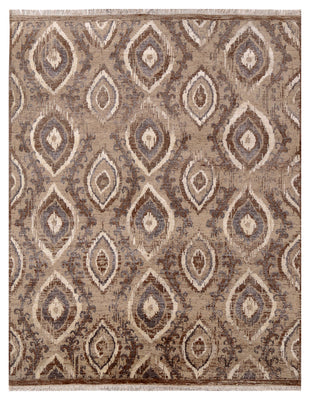 Tan Brown Ivory Blue Grey Ikat Peacock Eye Diamond Hand Knotted Wool Viscose 8x10 Bhadohi Area Rug