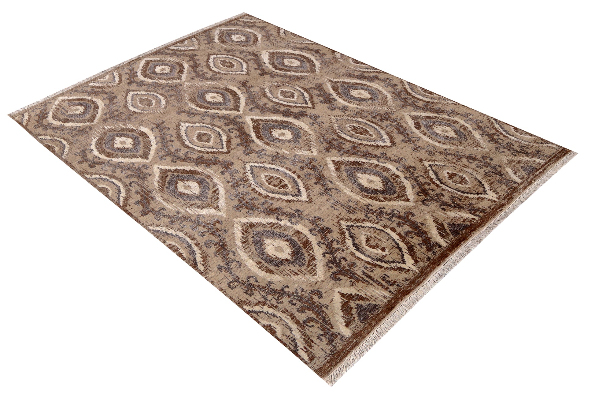 Tan Brown Ivory Blue Grey Ikat Peacock Eye Diamond Hand Knotted Wool Viscose 8x10 Bhadohi Area Rug