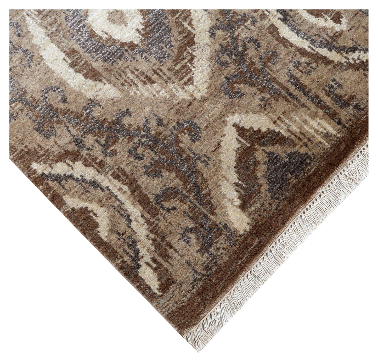 Tan Brown Ivory Blue Grey Ikat Peacock Eye Diamond Hand Knotted Wool Viscose 8x10 Bhadohi Area Rug