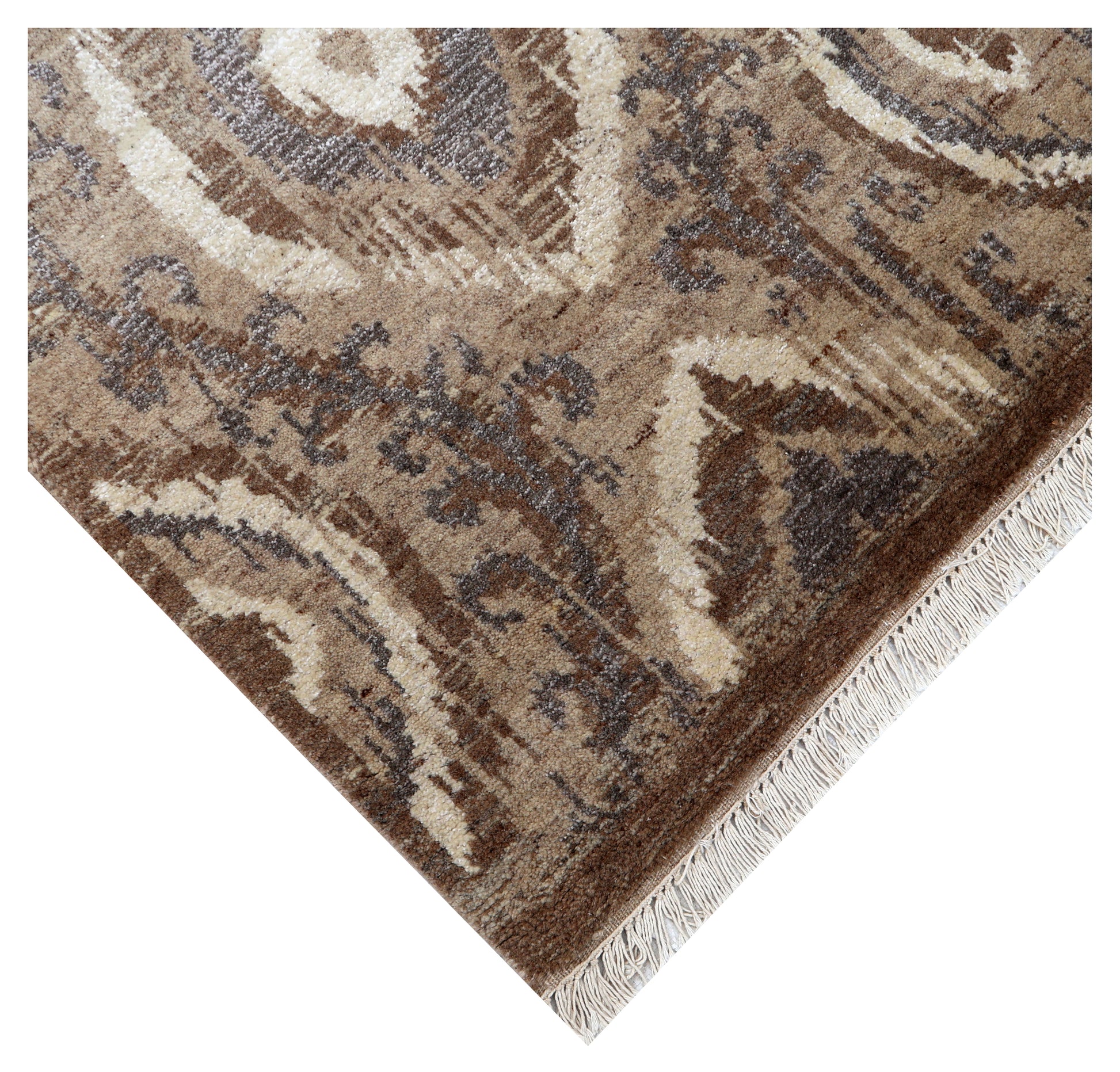 Tan Brown Ivory Blue Grey Ikat Peacock Eye Diamond Hand Knotted Wool Viscose 8x10 Bhadohi Area Rug