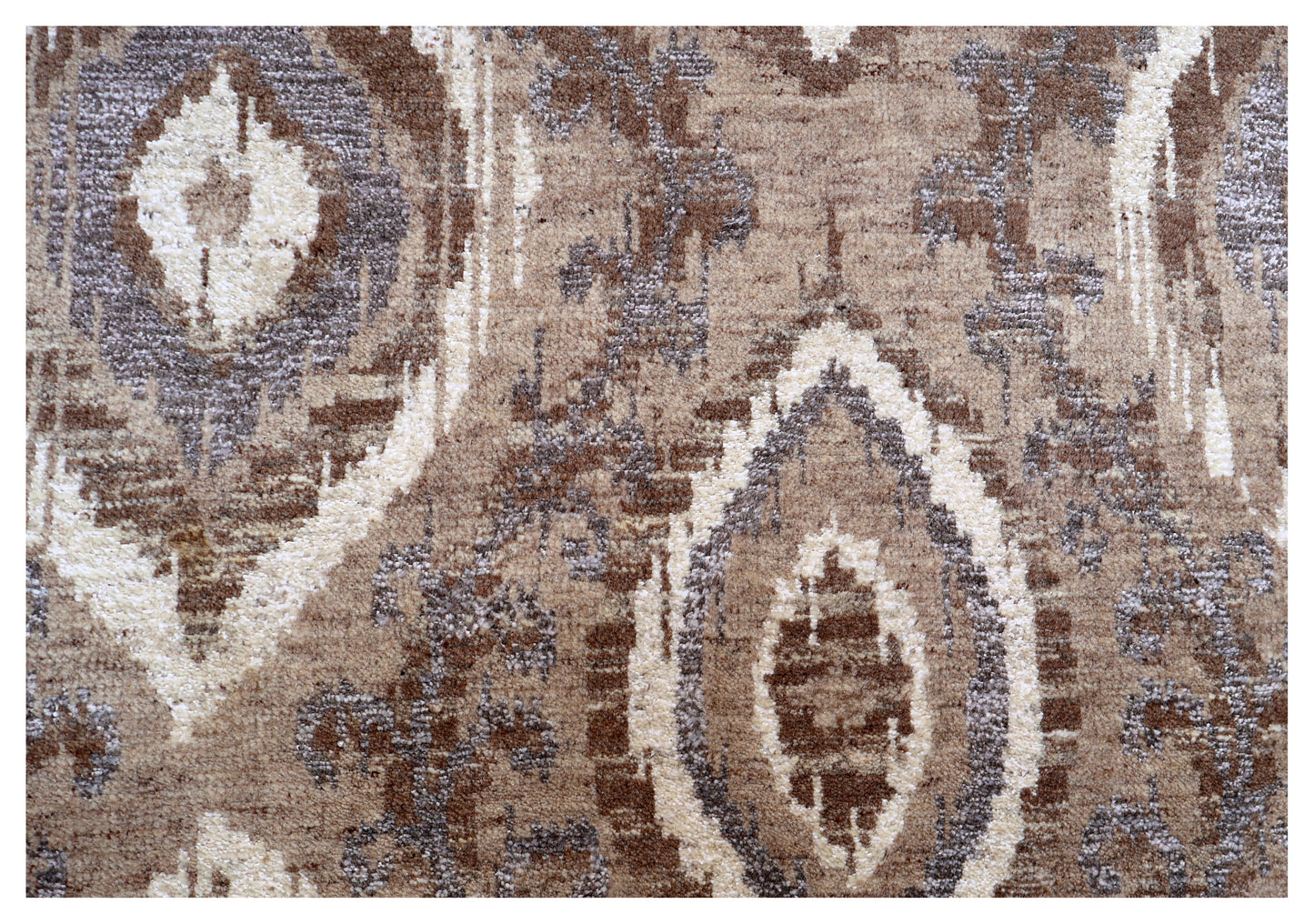 Tan Brown Ivory Blue Grey Ikat Peacock Eye Diamond Hand Knotted Wool Viscose 8x10 Bhadohi Area Rug