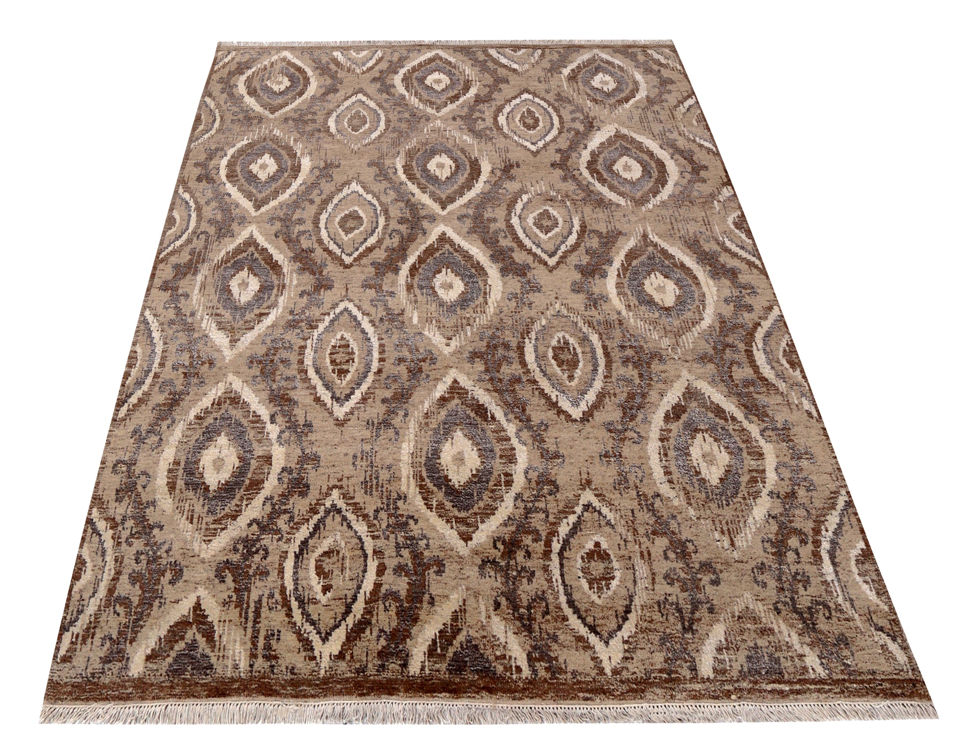 Tan Brown Ivory Blue Grey Ikat Peacock Eye Diamond Hand Knotted Wool Viscose 8x10 Bhadohi Area Rug