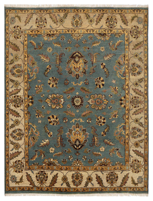 Teal Gold Tan Fine Oushak Floral Hand Knotted Wool Vintage Oriental 8x10 Area Rug
