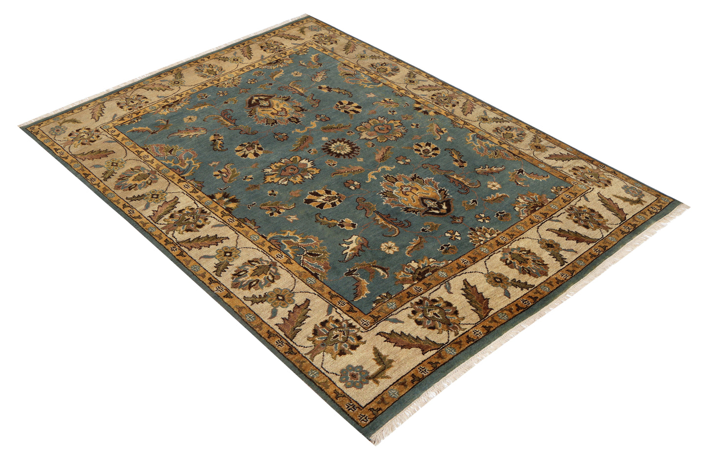 Teal Gold Tan Fine Oushak Floral Hand Knotted Wool Vintage Oriental 8x10 Area Rug