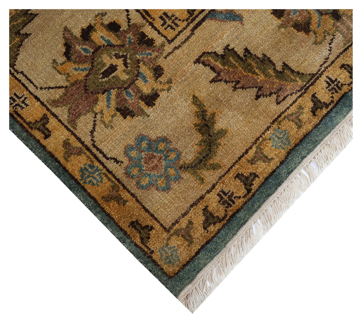 Teal Gold Tan Fine Oushak Floral Hand Knotted Wool Vintage Oriental 8x10 Area Rug