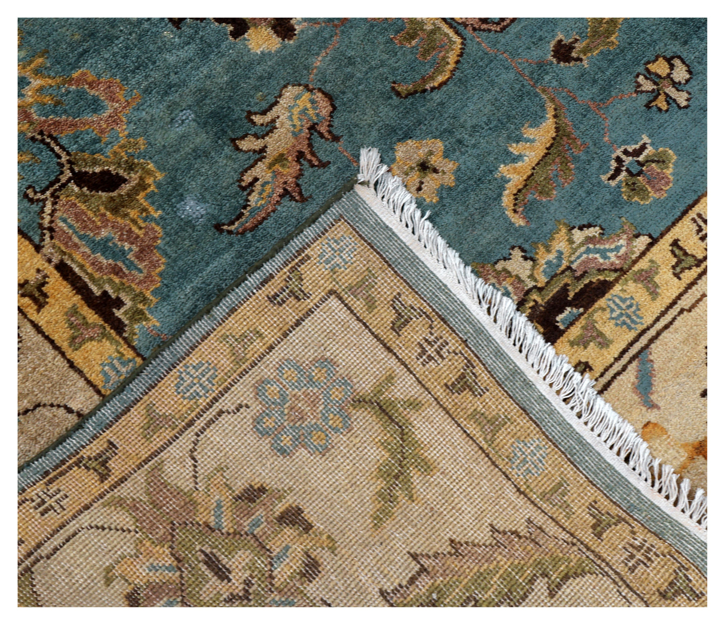 Teal Gold Tan Fine Oushak Floral Hand Knotted Wool Vintage Oriental 8x10 Area Rug