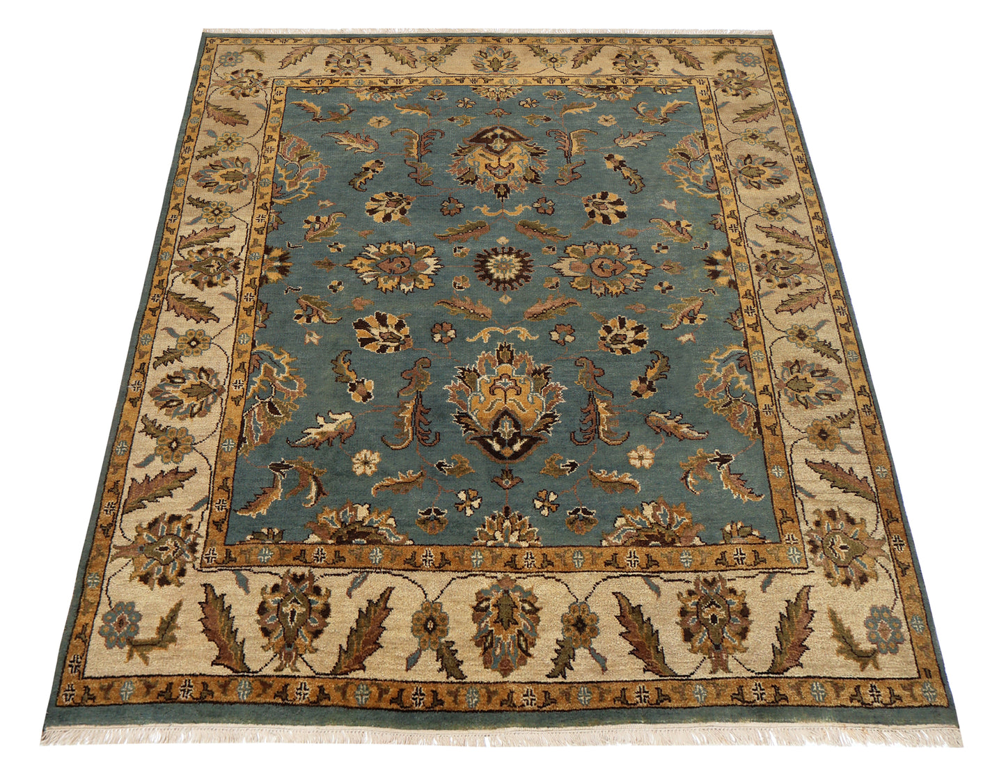 Teal Gold Tan Fine Oushak Floral Hand Knotted Wool Vintage Oriental 8x10 Area Rug