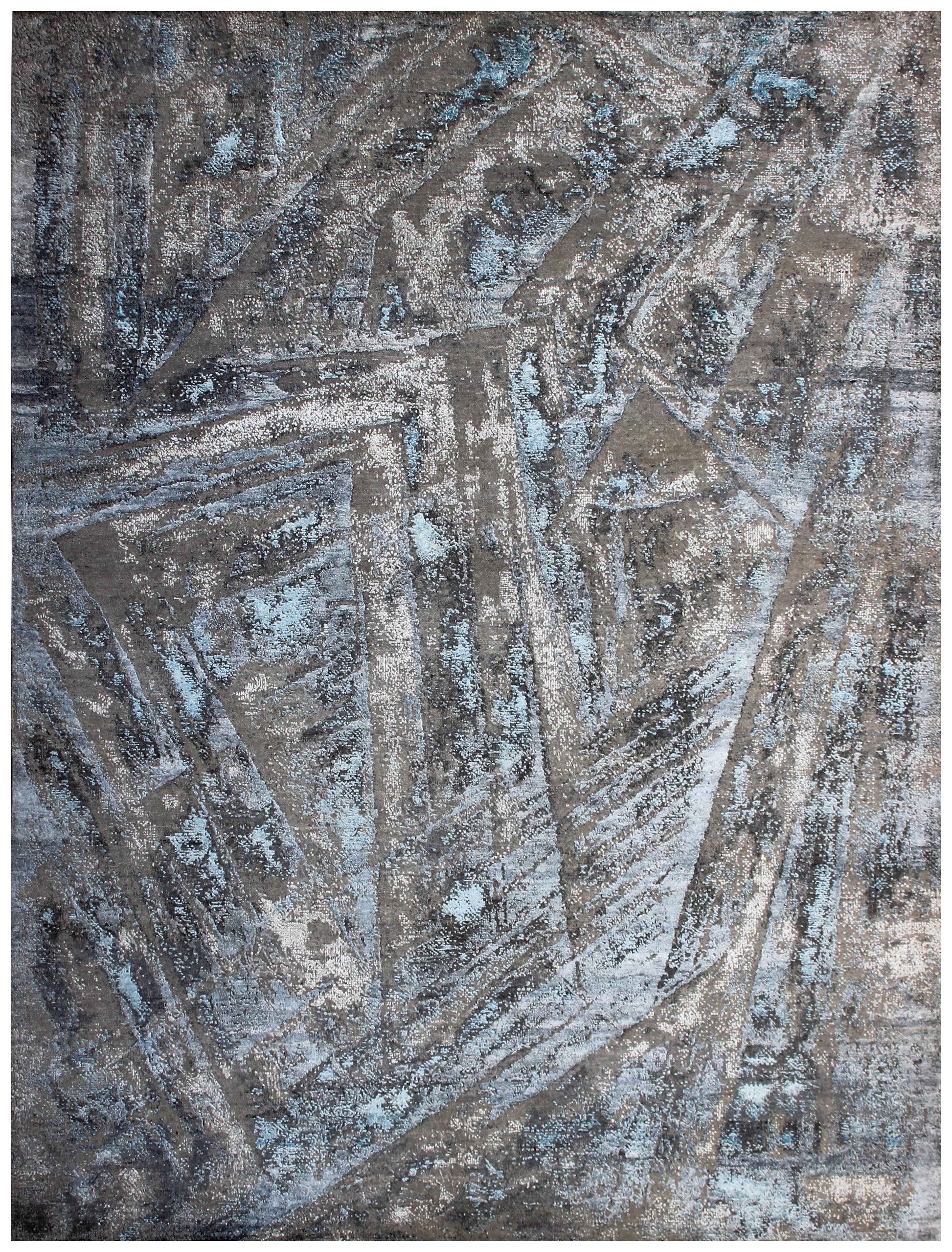 Modern Abstract 8x10 Hand Knotted Charcoal Taupe Silver Teal Ice Blue Geometric Wool Viscose Bhadohi Area Rug