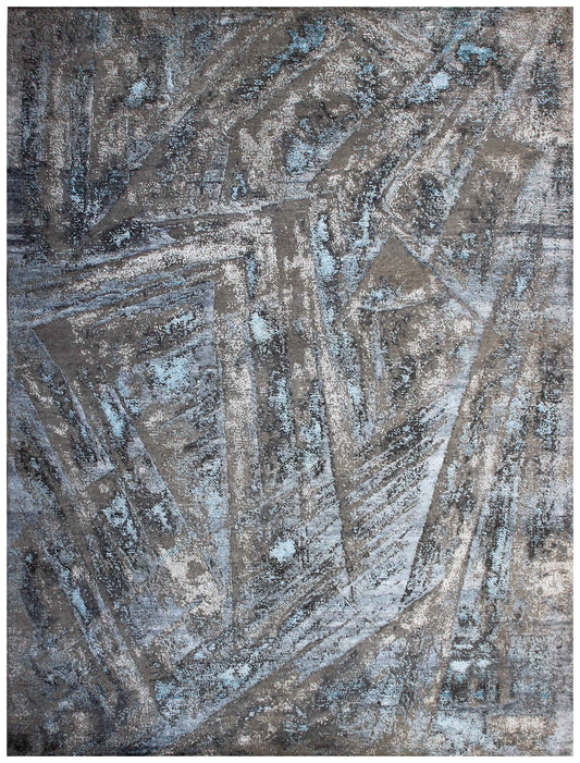 Modern Abstract 8x10 Hand Knotted Charcoal Taupe Silver Teal Ice Blue Geometric Wool Viscose Bhadohi Area Rug
