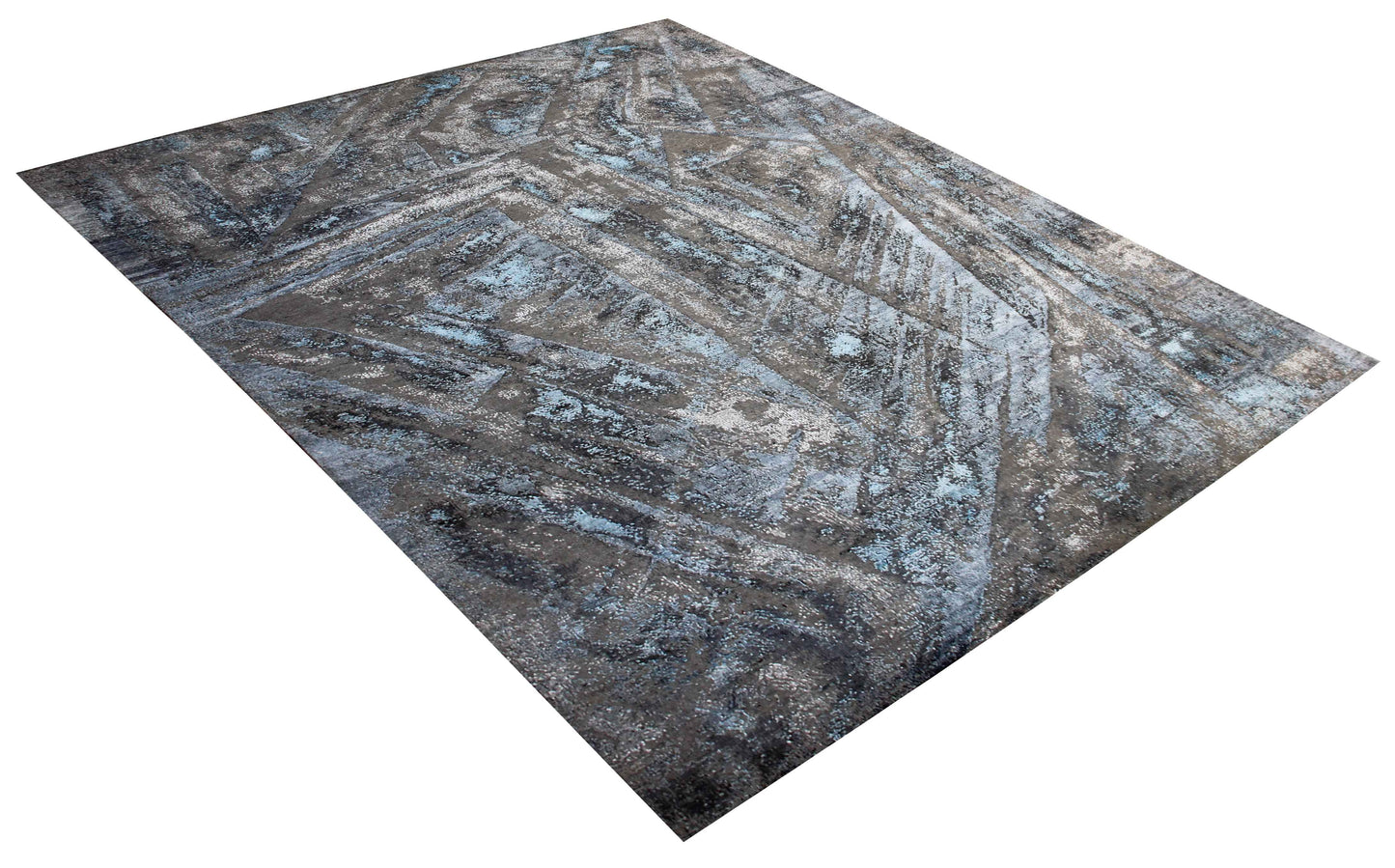 Modern Abstract 8x10 Hand Knotted Charcoal Taupe Silver Teal Ice Blue Geometric Wool Viscose Bhadohi Area Rug