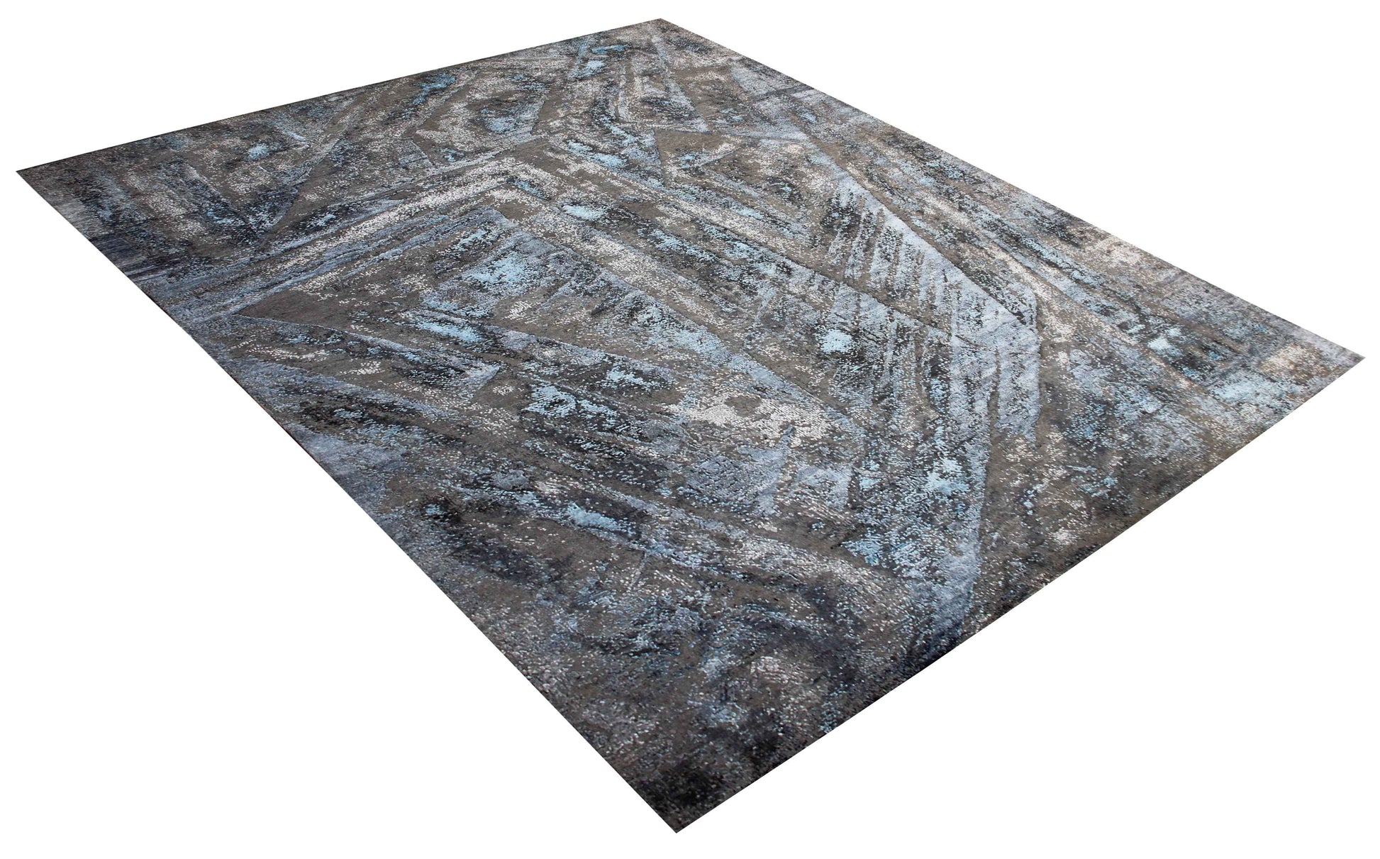 Modern Abstract 8x10 Hand Knotted Charcoal Taupe Silver Teal Ice Blue Geometric Wool Viscose Bhadohi Area Rug