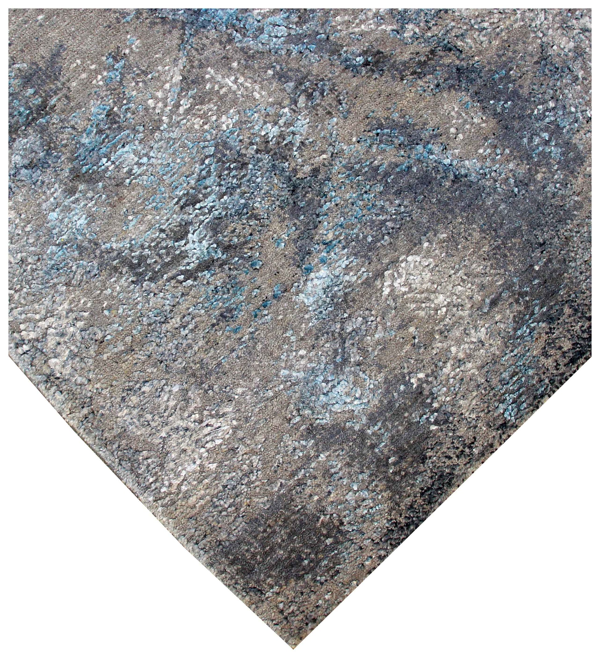 Modern Abstract 8x10 Hand Knotted Charcoal Taupe Silver Teal Ice Blue Geometric Wool Viscose Bhadohi Area Rug